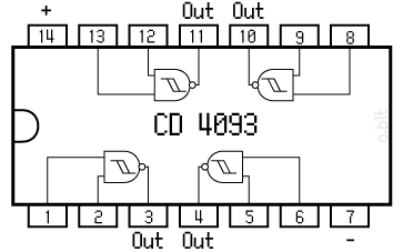 Pinout CD4093 (visto que las entradas 7 y 14 se utilizan para las conexiones de potencia)