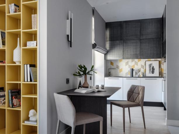 Odnushka 31 m² con un diseño complejo en tonos de gris