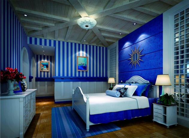 Foto de un dormitorio con un tinte azul en toda la habitación.