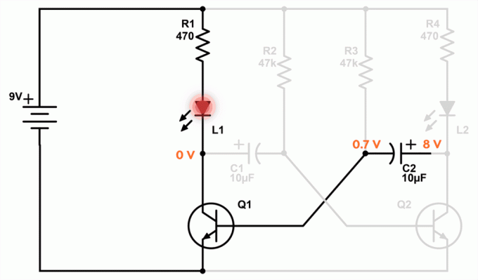 Derecho de la tensión del condensador C2 alcanza rápidamente 7-8, cuando las luces de LED en la izquierda.