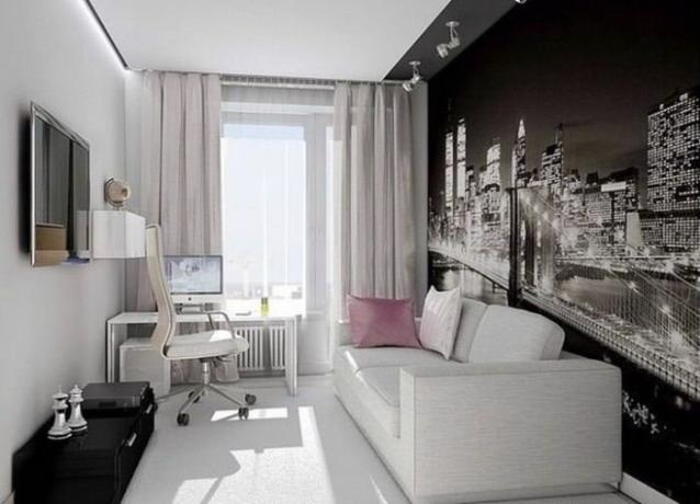 Las paredes blancas y fondos de pantalla en contraste con la luz - una buena solución para habitaciones estrechas.