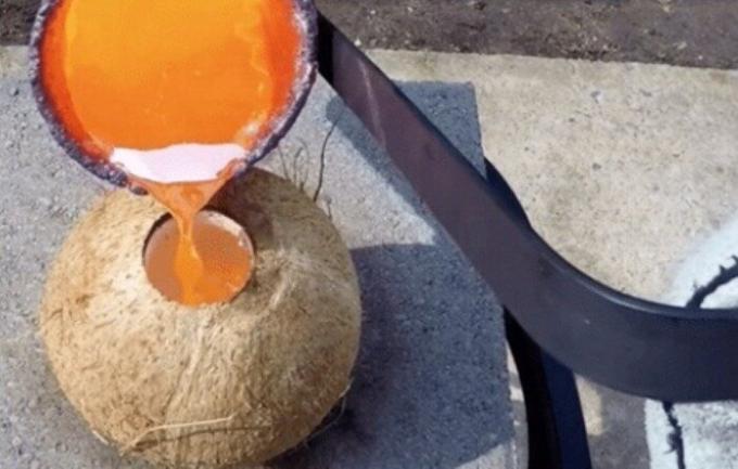 Blogger experimento espectacular realizó llenando la cáscara de coco cobre fundido