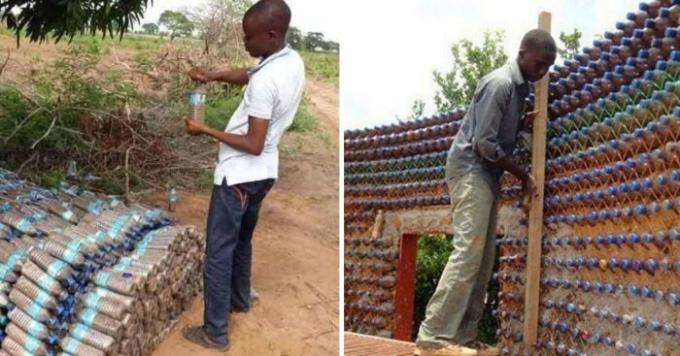 En un campo de refugiados chico construido su propia casa con botellas de plástico, no se apiñan en una tienda oscura