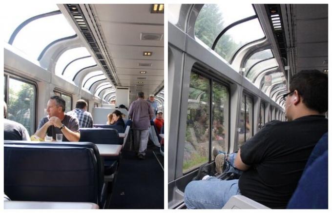 Comer coche y un tren especial excursión está equipado con ventanas panorámicas, por lo que los pasajeros pueden disfrutar del paisaje (EE.UU.).