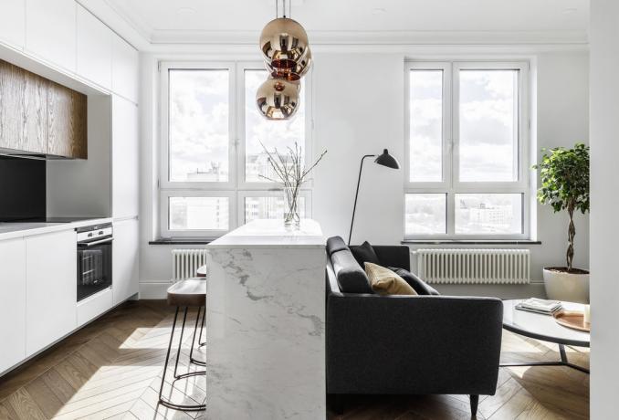 Odnushka un dormitorio de 35 m² con un acabado de madera y mármol