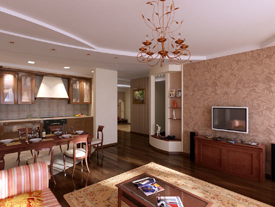 Una cocina comedor combinada con una sala de estar.