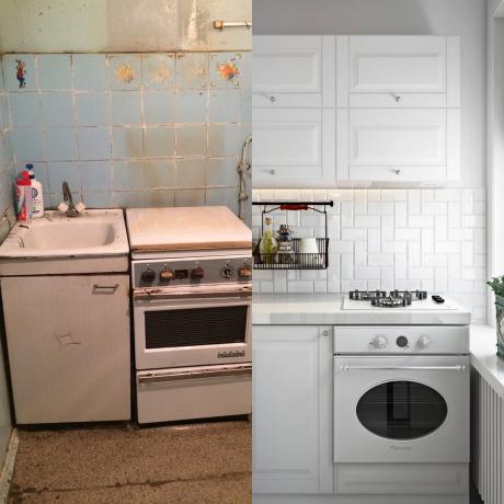 Cocina antes y después de la reparación
