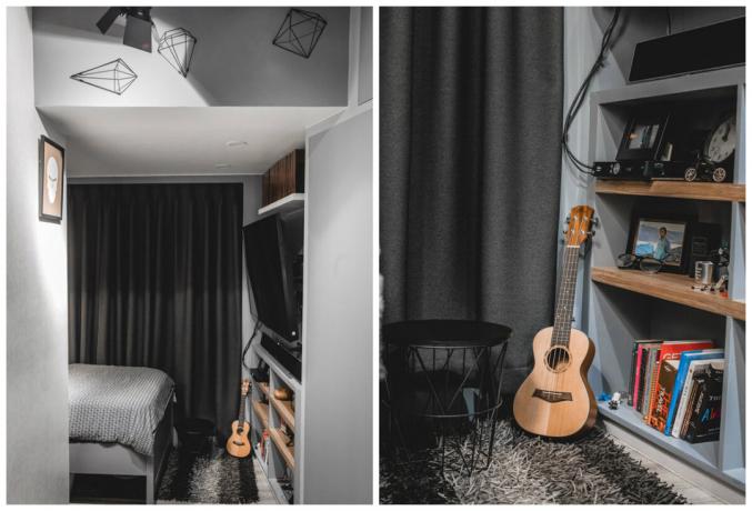 En tonos de gris: 17 m² con un dormitorio y vestidor para videoblogera