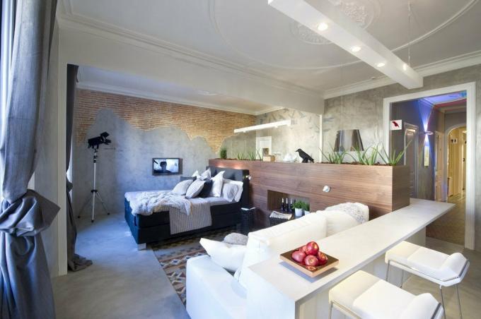 Apartamento de soltero 35 m²: muebles en el centro y un cuarto de baño transparente