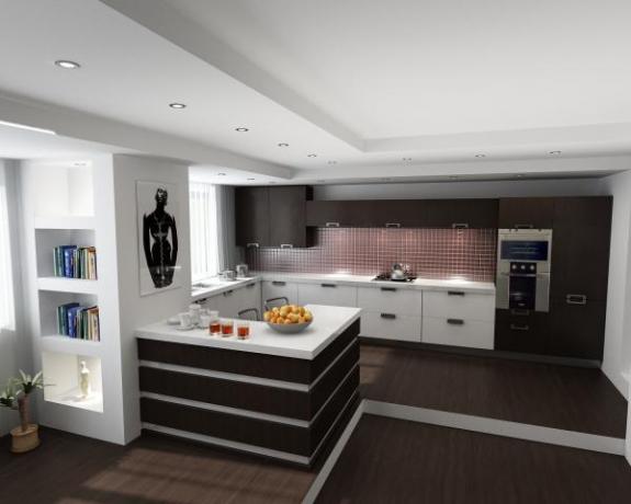 El uso de estilos modernos está muy extendido en el diseño de interiores de la cocina y la sala de estar.