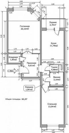 Diseño de un apartamento de dos habitaciones en una casa de la serie IP-46S con todas las dimensiones.