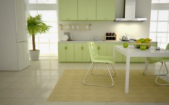 Papel tapiz blanco para una cocina verde, enfatizará favorablemente la ternura de los tonos claros de la vegetación.