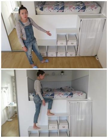 Para entrar en un improvisado dormitorio necesidad de subir las escaleras, estantes. | Foto: youtube.com.