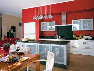 Papel pintado rojo brillante para cocina en blanco y negro